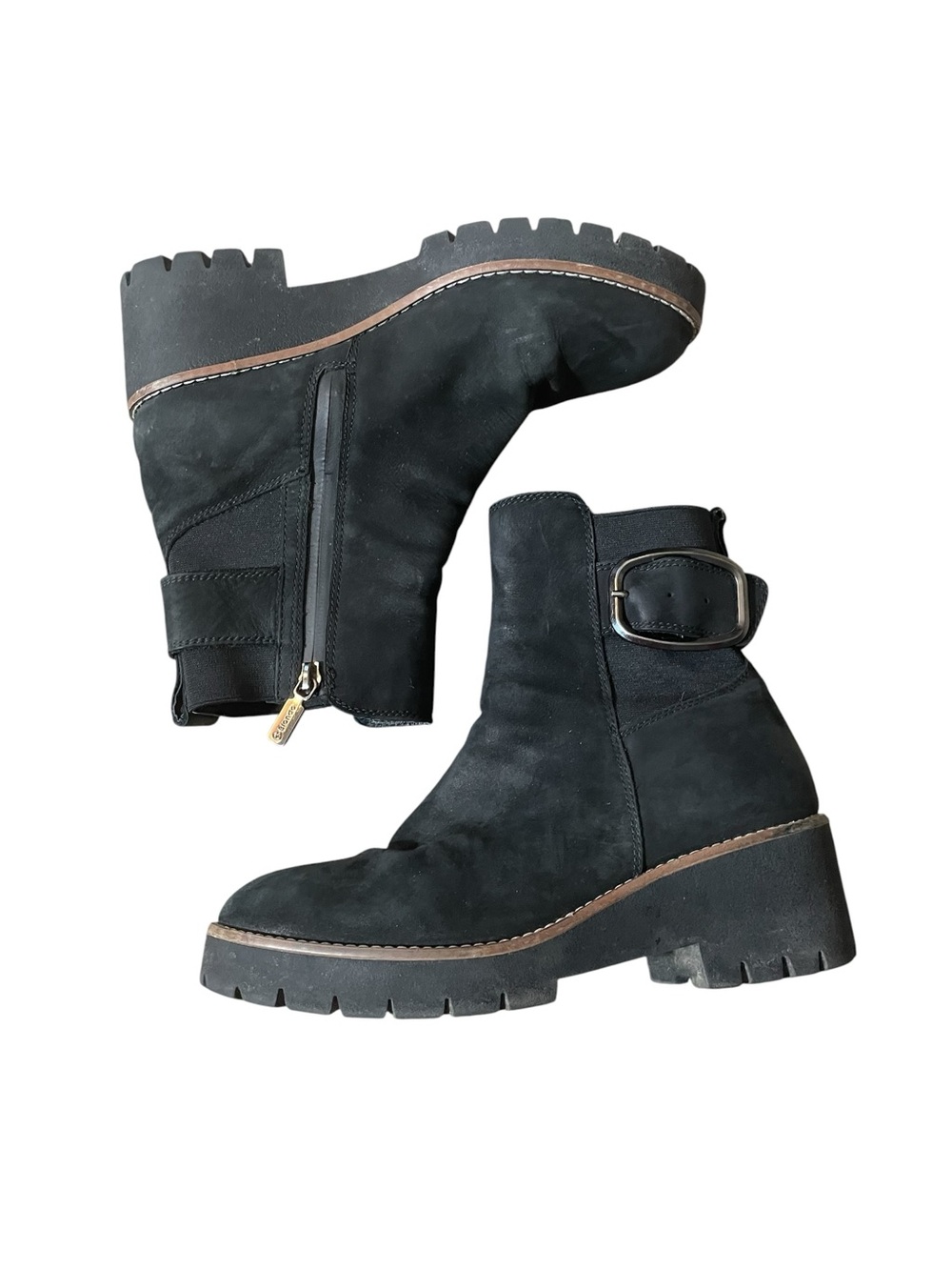 TT1- Women's Black Suede Lug Sole Ankle Boots with Buckle nubuck waterproof 7.5